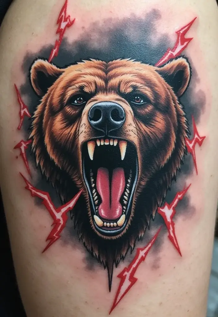 30 Bear Shoulder Tattoo Inspirations with Power and Strength - 12. Roaring Bear with Lightning