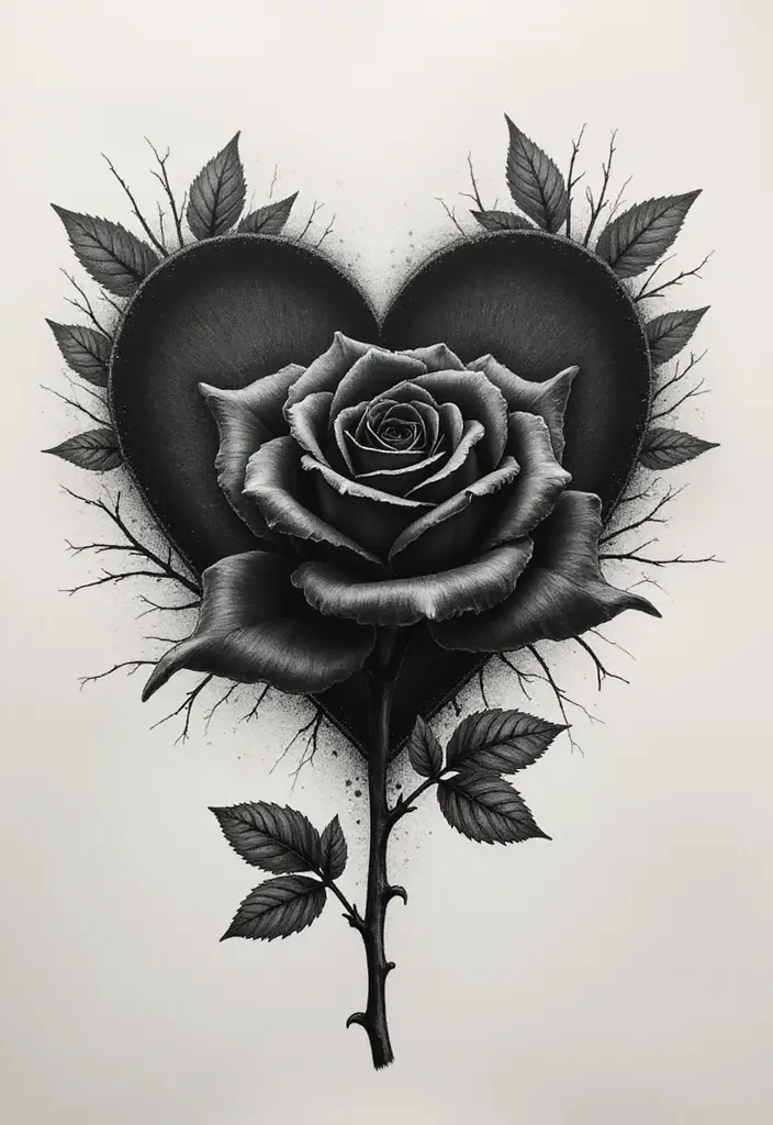 30 Black Rose Tattoo Meaning and Design Inspirations - 12. Black Rose in a Heart Design