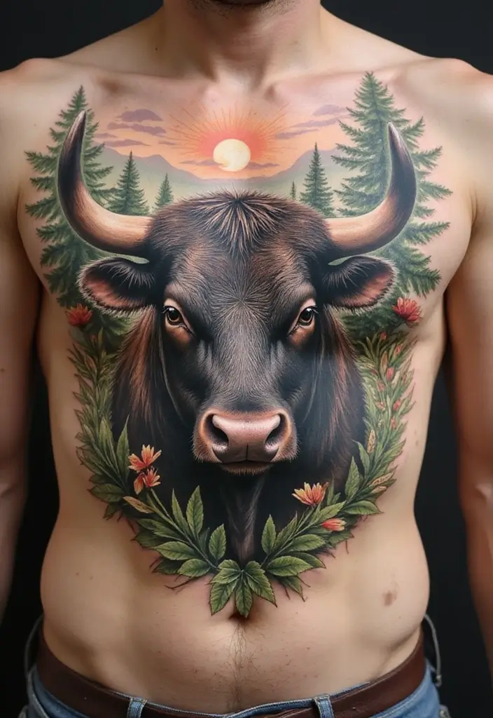 30 Bull Tattoo Chest Ideas Full of Strength - 12. Bull in a Nature Scene