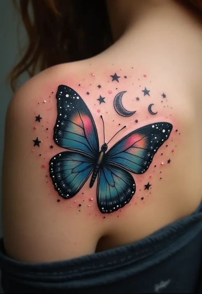 30 Butterfly Tattoos on Shoulder for Graceful Inspiration - 12. Celestial Butterflies