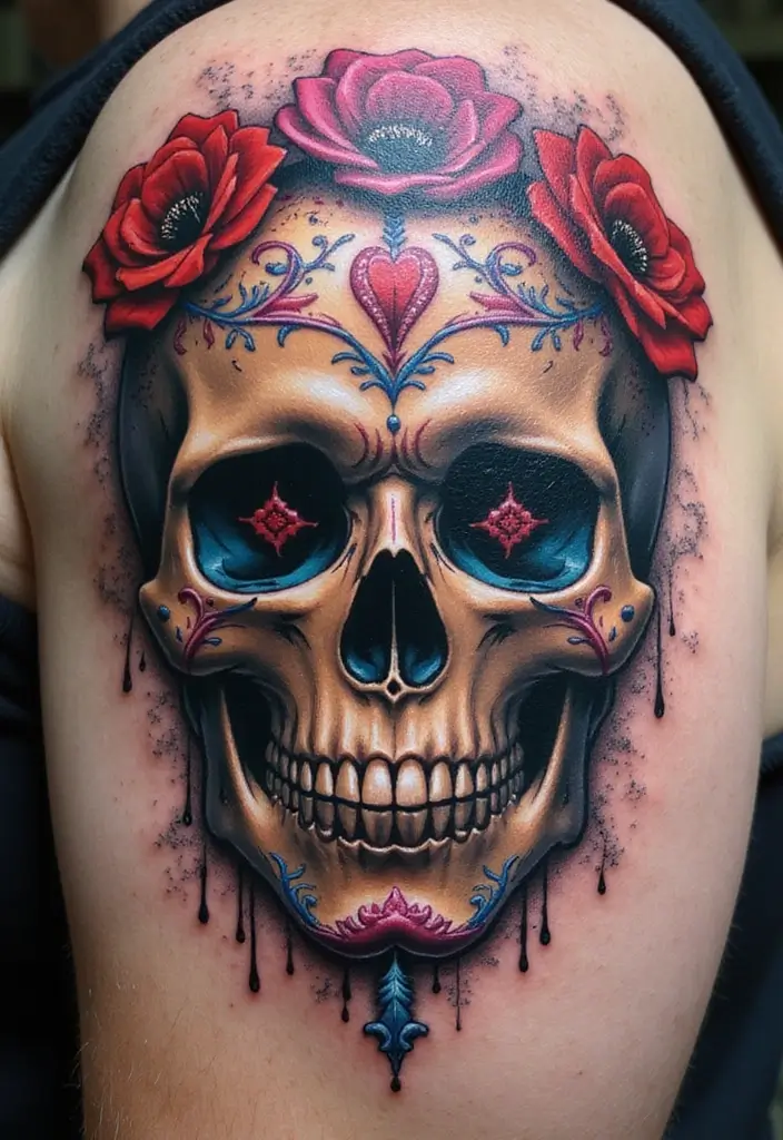 30 Candy Skull Tattoo Meaning and Creative Designs - 12. The Fusion of Candy Skulls and Gothic Elements
