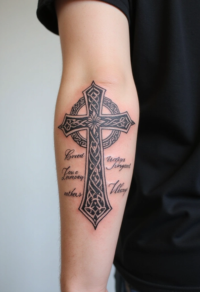 30 Celtic Cross Tattoos with Deep Spiritual Significance - 12. Celtic Cross with Script