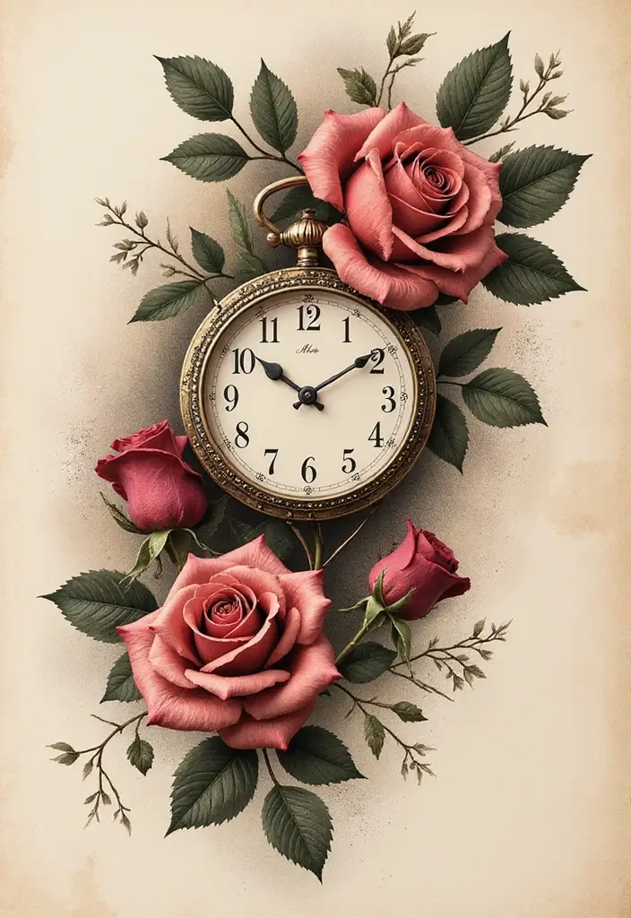 30 Clock and Rose Tattoos That Symbolize Time and Love - 12. Roses as Memories