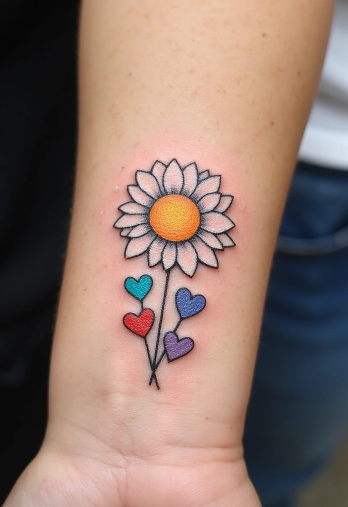 30 Colorful Daisy Tattoo Inspirations Full of Joy - 12. Daisies with Hearts
