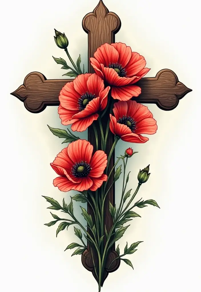30 Cross with Flowers Tattoo Ideas That Blend Faith and Beauty - 12. Poppy Cross Tattoo