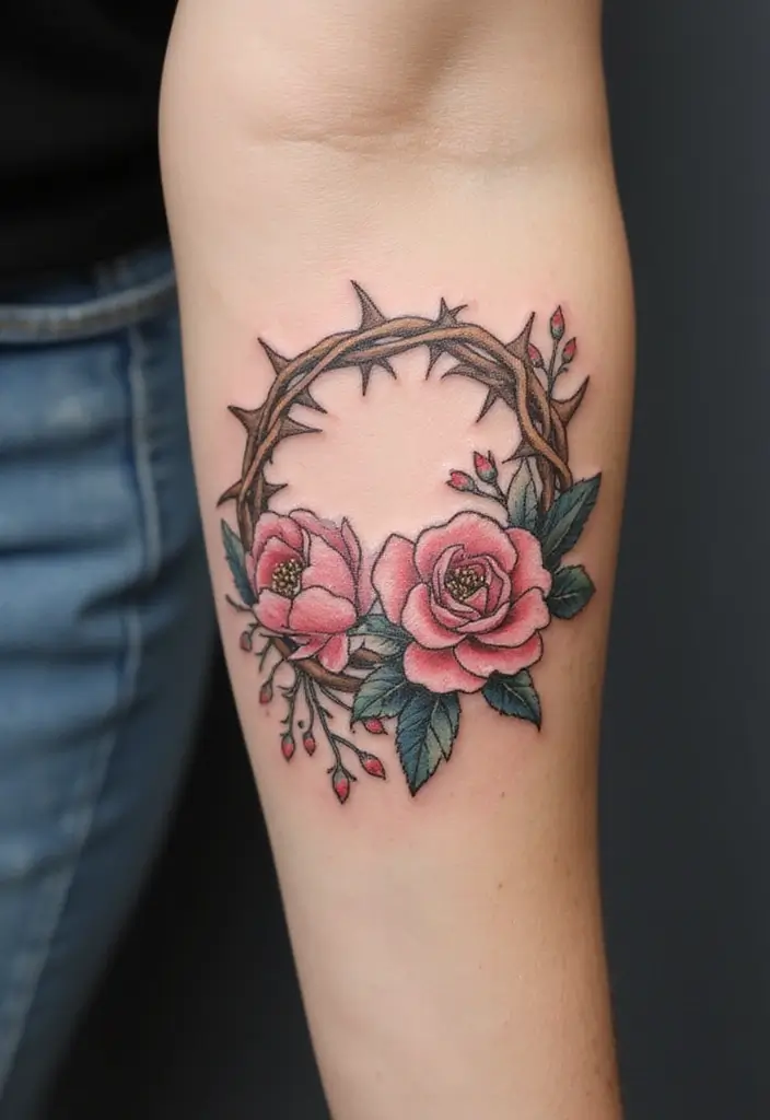 30 Crown of Thorns Bicep Tattoo Inspirations You’ll Admire - 12. Vintage Floral Touch