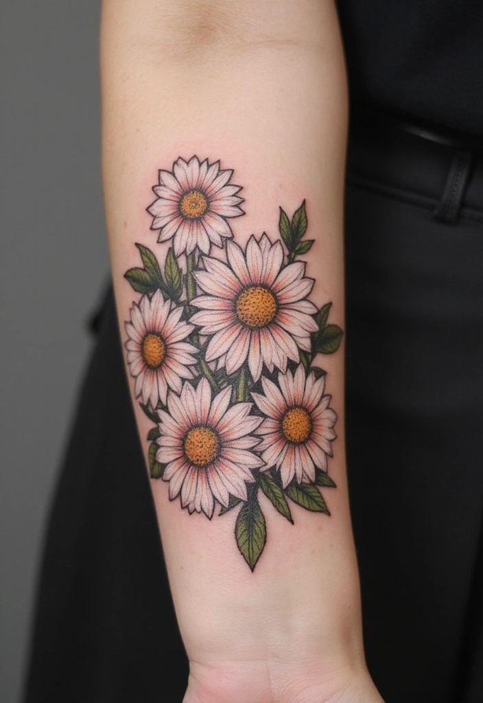 30 Daisy April Birth Flower Tattoo Designs You’ll Love - 12. Floral Daisy Arm Band