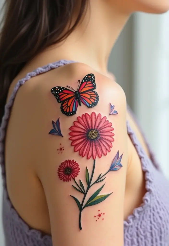 30 Daisy Tattoo Ideas for a Fresh and Delicate Design - 12. Daisy with Butterfly