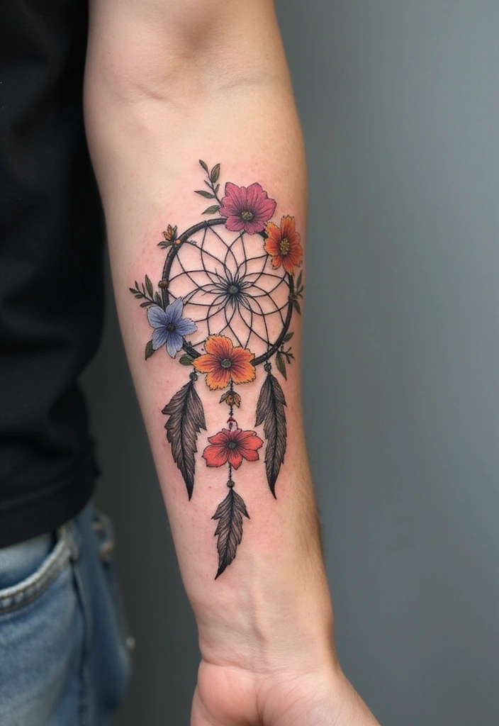 30 Dream Catcher Tattoo Ideas for Men with Protective Energy - 12. Dream Catcher with Flowers