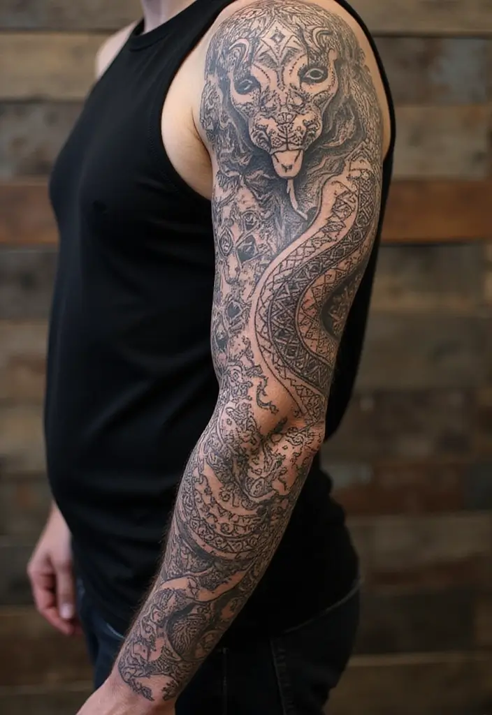 30 Geometric Snake Tattoo Ideas with Unique Patterns - 12. Geometric Snake Sleeve