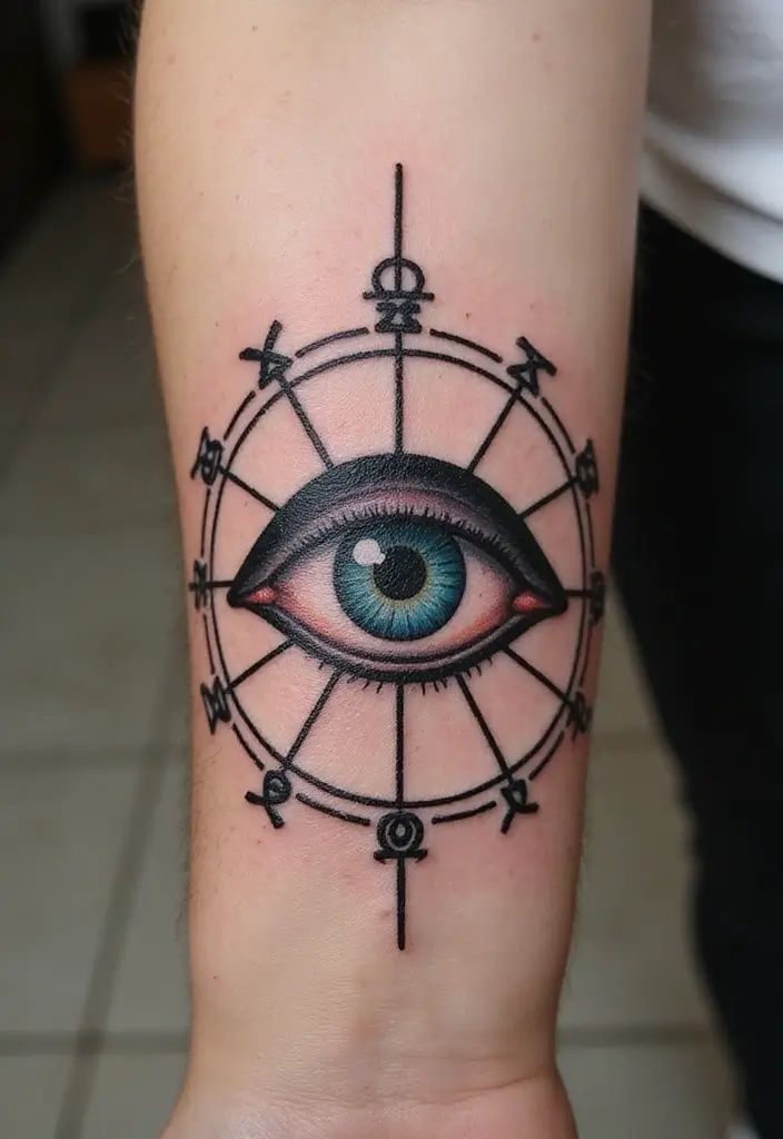 30 Greek Eye Tattoo Meaning and Stunning Design Ideas - 12. Greek Eye with Zodiac Symbols