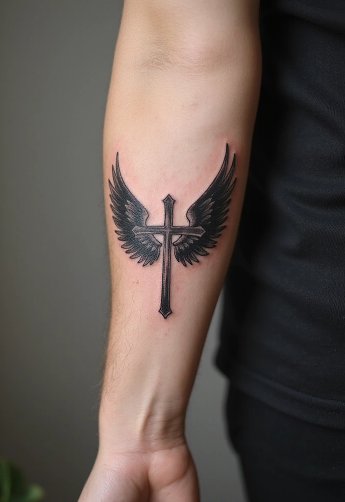 30 Hand Cross Tattoos That Blend Faith and Style - 12. Cross with Wings