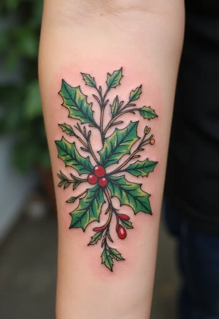 30 Holly Tattoo Meaning and Creative Design Ideas - 12. Festive Holly and Mistletoe Tattoo