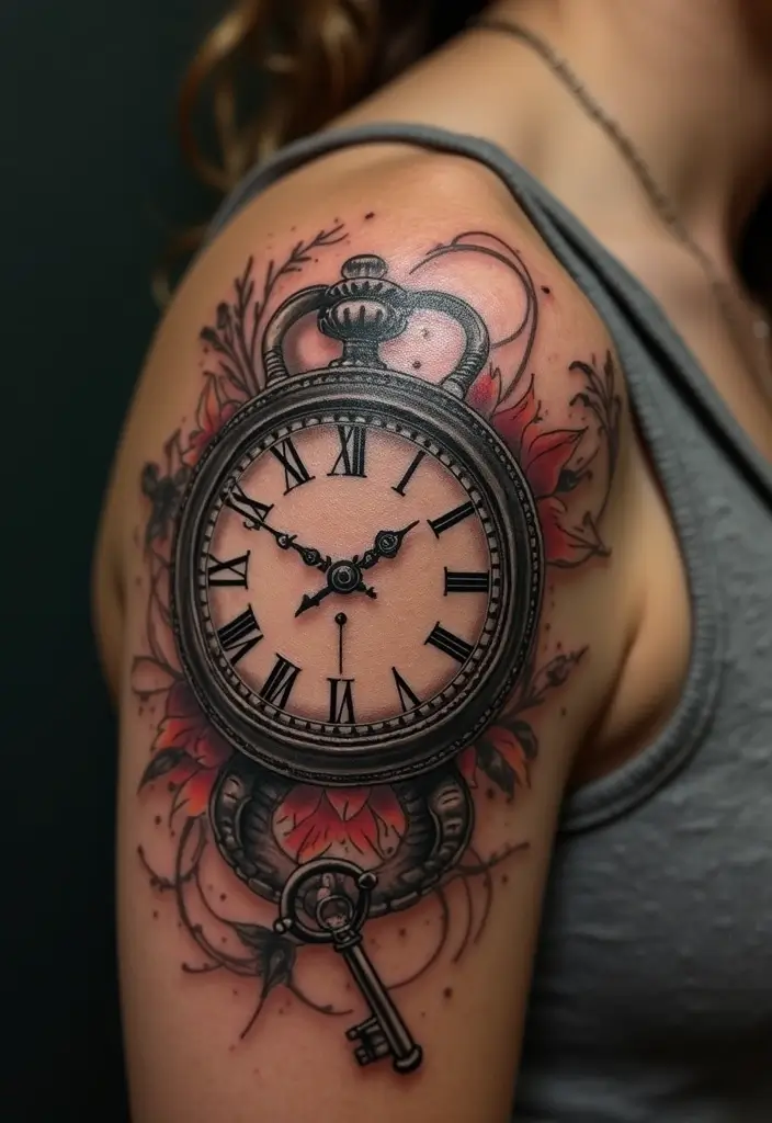 30 Key Lock Tattoo Ideas Symbolizing Love and Mystery - 12. Vintage Lock and Key with Clock
