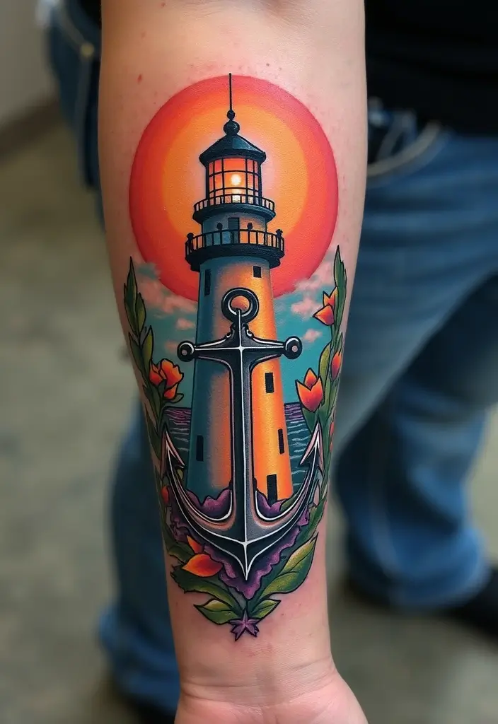 30 Lighthouse Forearm Tattoo Ideas That Guide the Way - 12. Lighthouse and Anchor