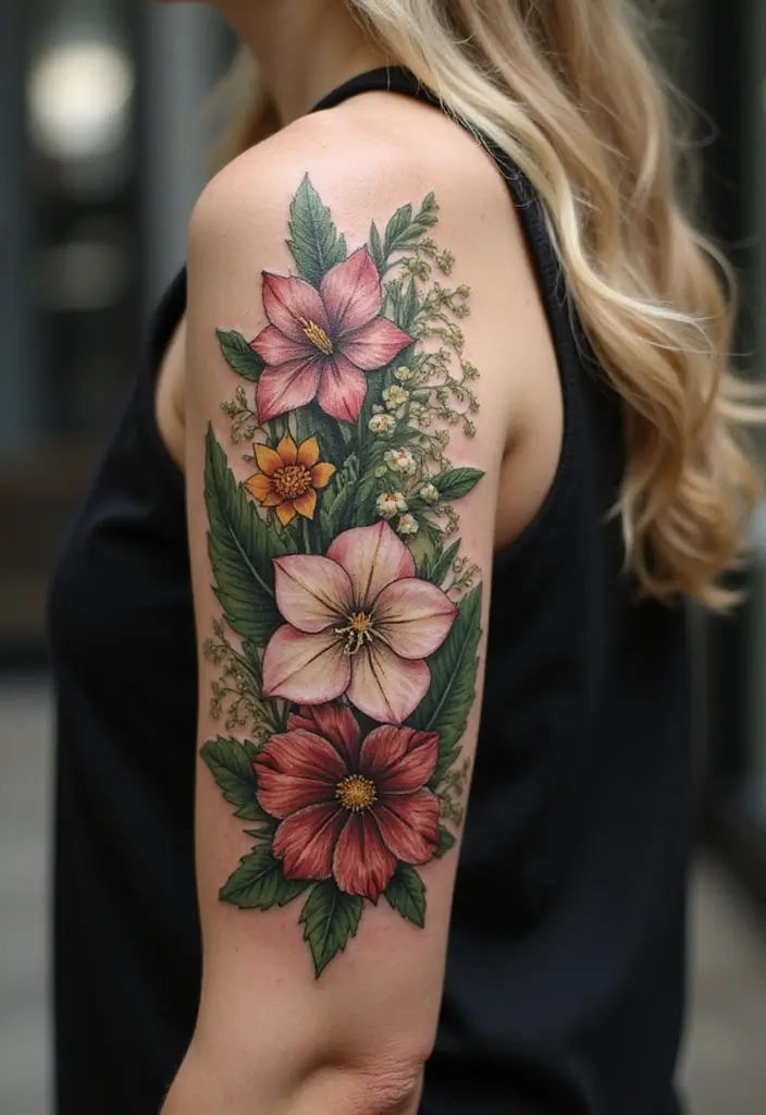 30 Lily of the Valley Tattoo Meaning and Design Ideas - 12. Layered Floral Designs