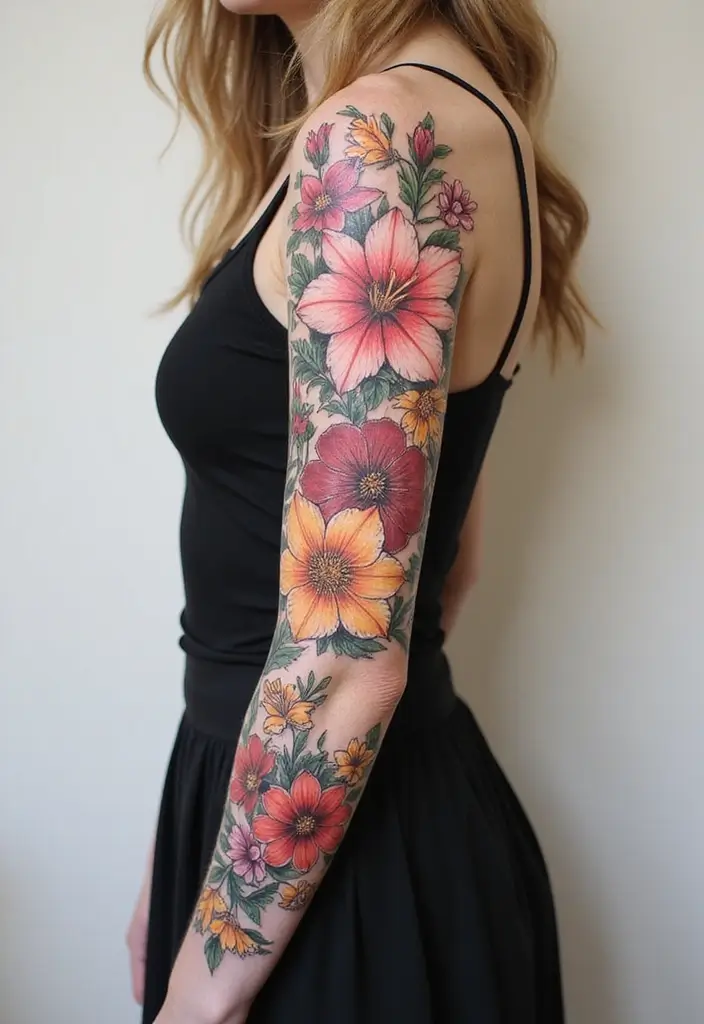 30 Lily Tattoos for Men That Balance Strength and Elegance - 12. Floral Sleeve with Lilies