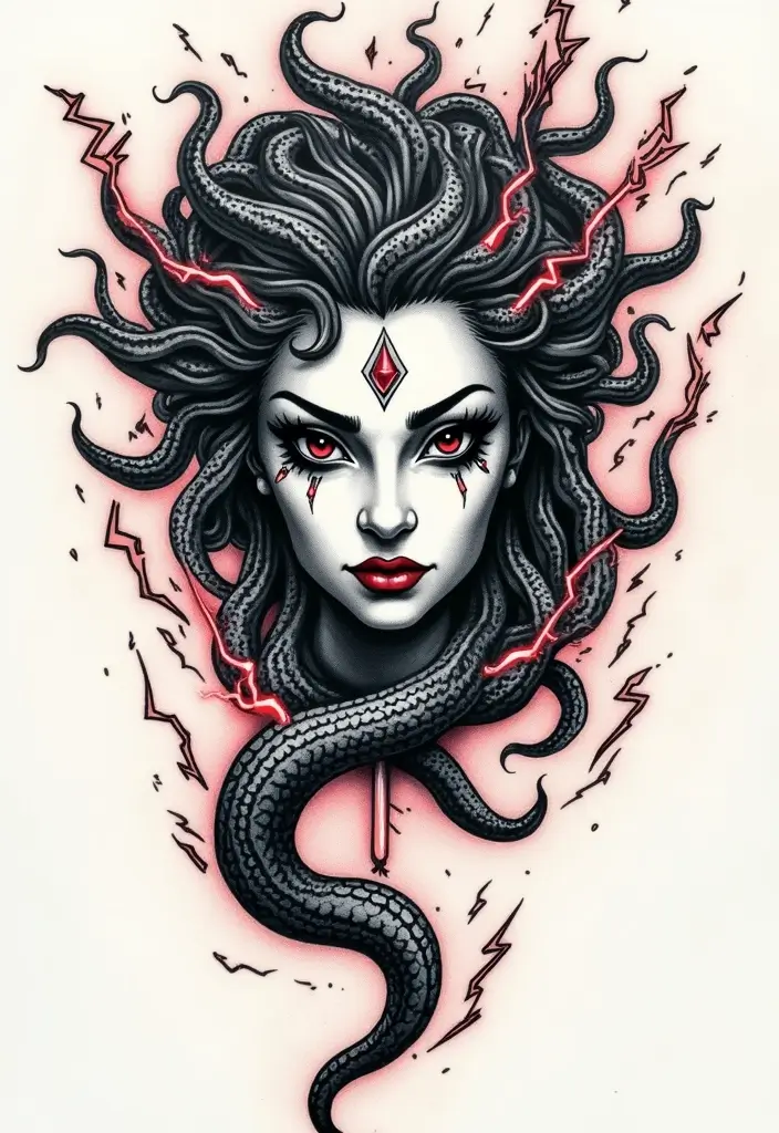 30 Medusa Tattoos for Females with Bold and Fierce Symbolism - 12. Medusa and Lightning