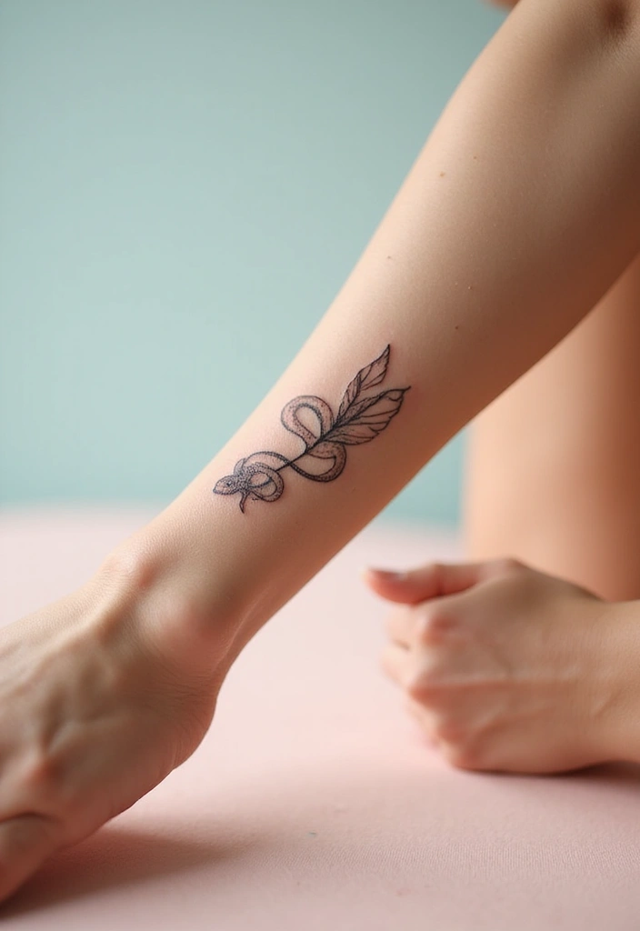 30 Minimalist Small Snake Tattoo Inspirations for Nature Lovers - 12. Snake and Feather