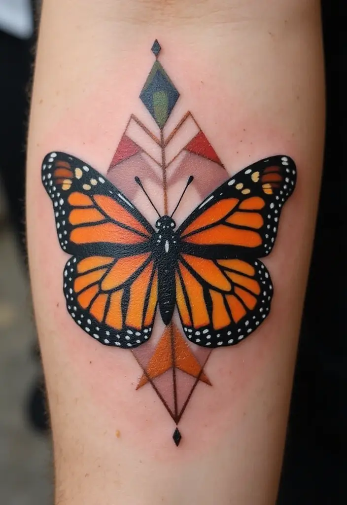 30 Monarch Butterfly Tattoo Designs with Deep Symbolism - 12. Monarch Butterfly and Geometric Patterns