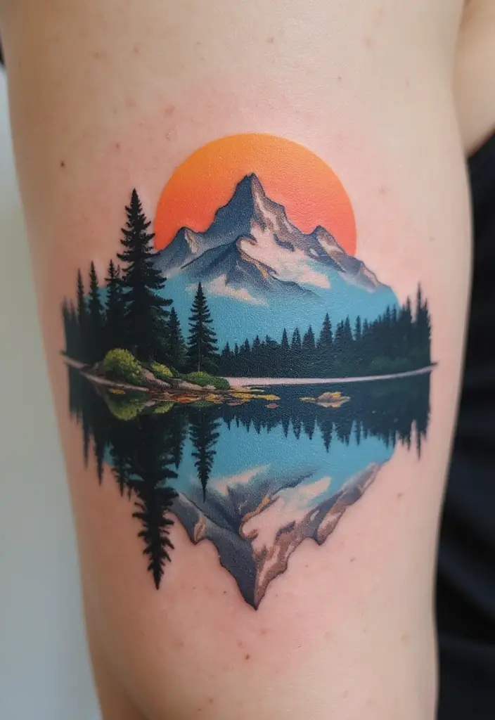 30 Mountain Tattoos for Men That Capture Adventure Spirit - 12. Reflective Water Mountains