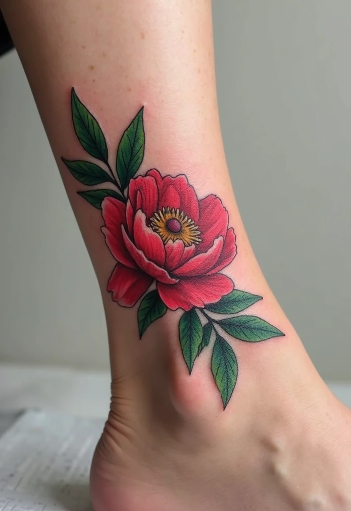 30 Peony Tattoo Ideas with Meaning and Elegance - 12. Peony with Leaves