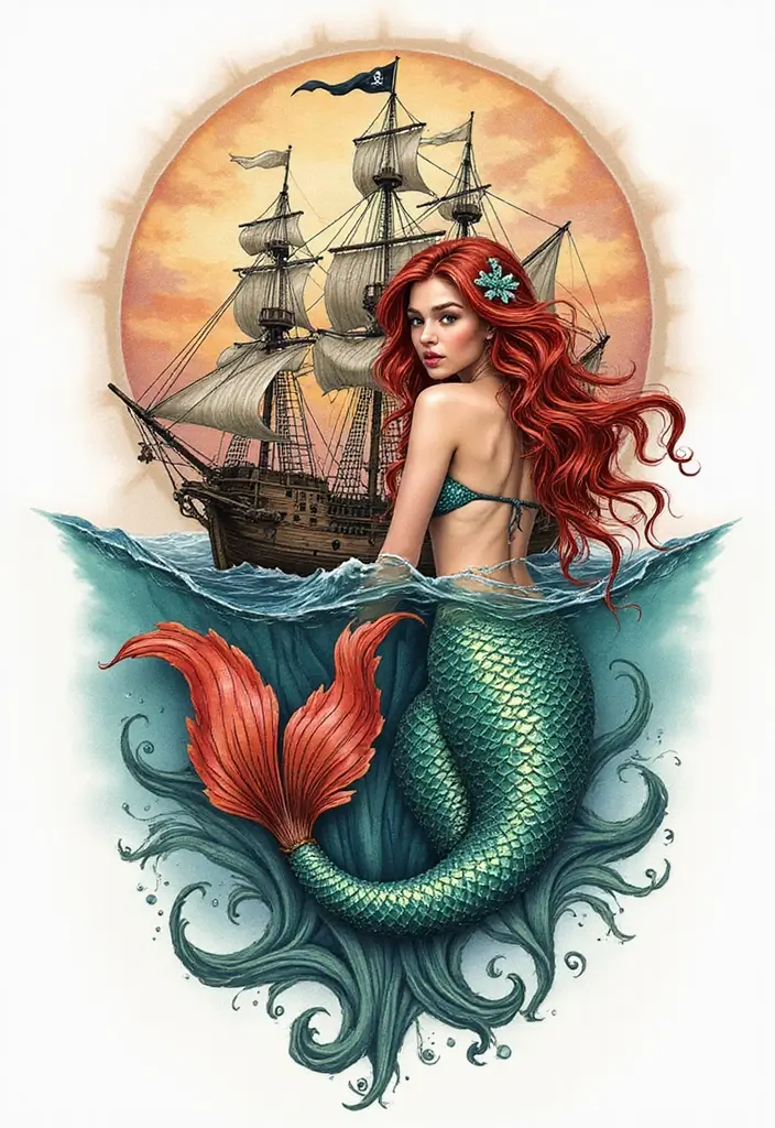 30 Pirate Ship Tattoo Designs for Ocean Lovers - 12. Pirate Ship with a Mermaid