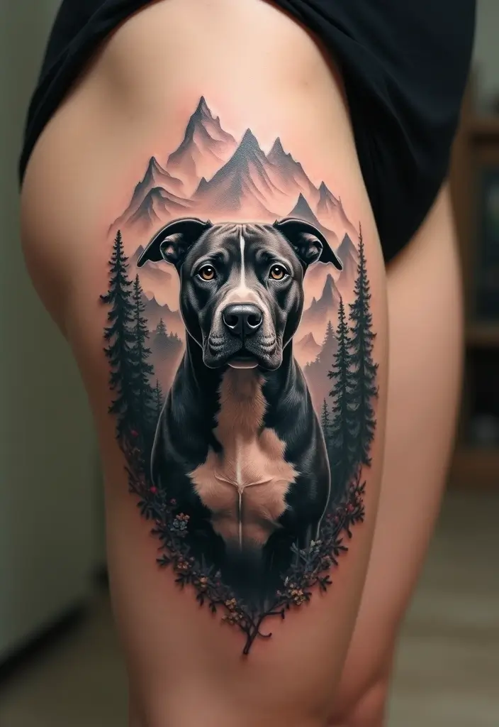 30 Pitbull Tattoo Designs Celebrating Strength and Loyalty - 12. Pitbull and Nature Scene