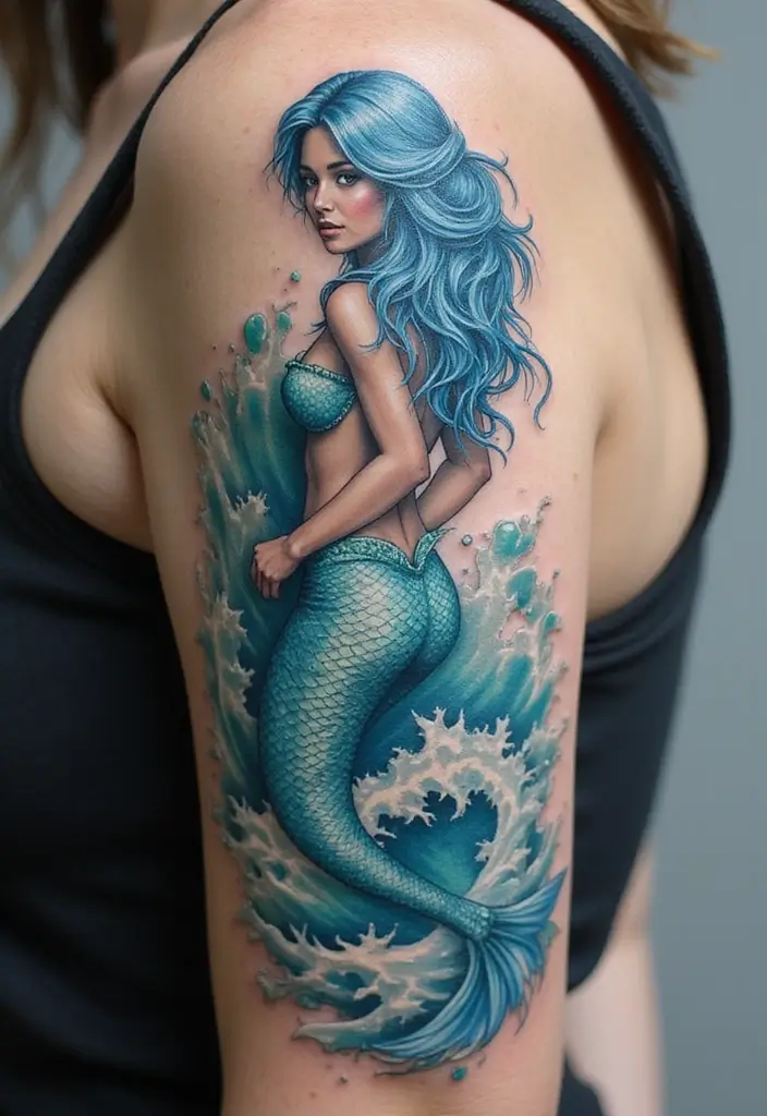 30 Realism Mermaid Tattoo Inspirations That Look Breathtaking - 12. Ocean Wave Elegance