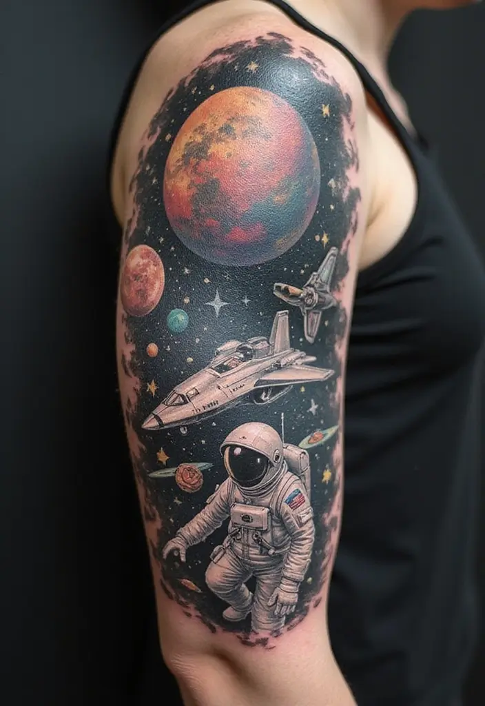 30 Realistic Alien Tattoo Inspirations That Look Out of This World - 12. Futuristic Space Themes