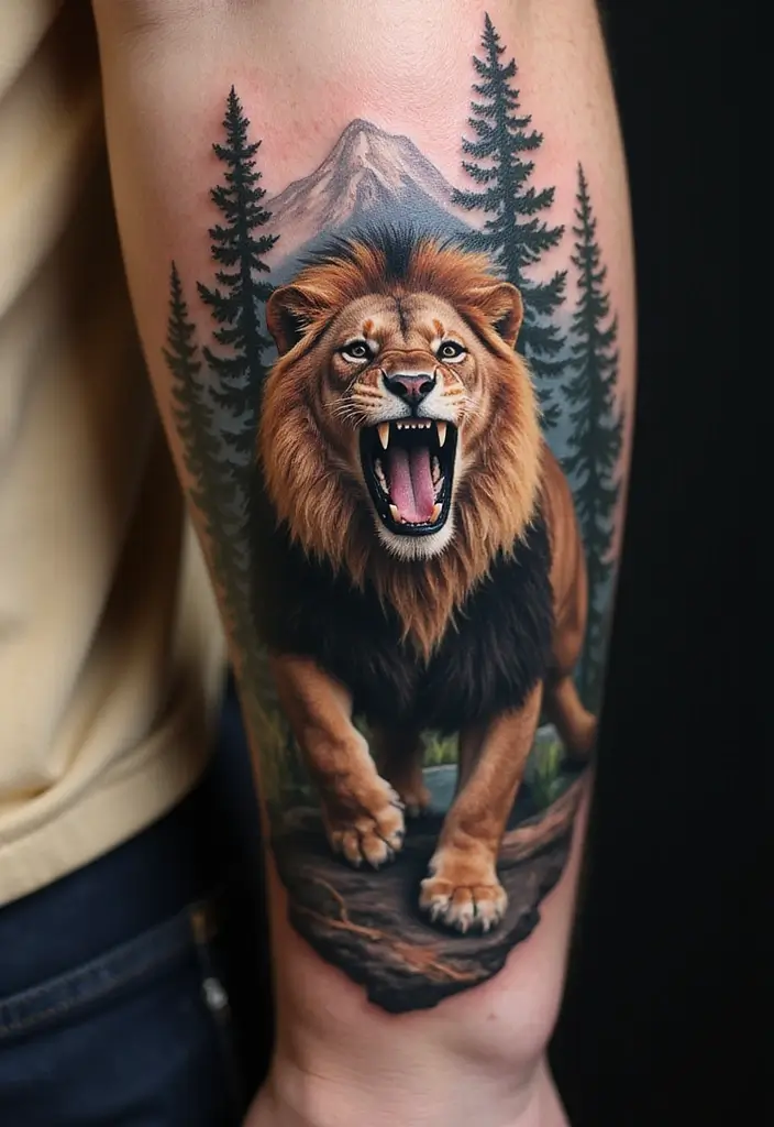 30 Roar Lion Tattoo Inspirations That Show Strength - 12. Lion in Nature: Roar of the Wild