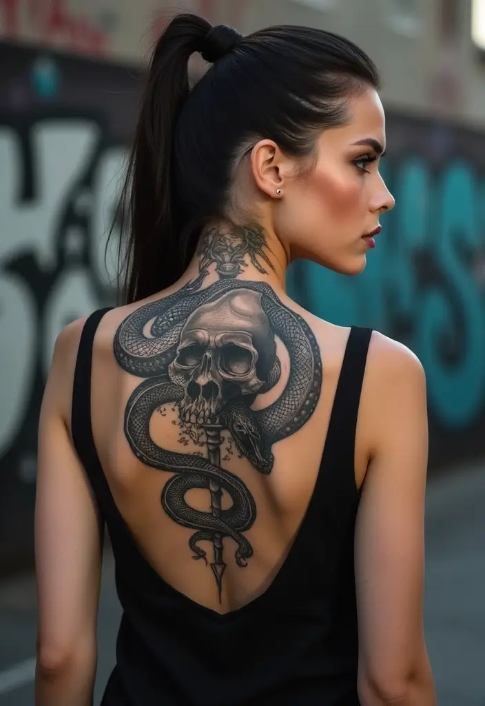 30 Snake Body Tattoo Designs That Look Striking - 12. Snake and Skull