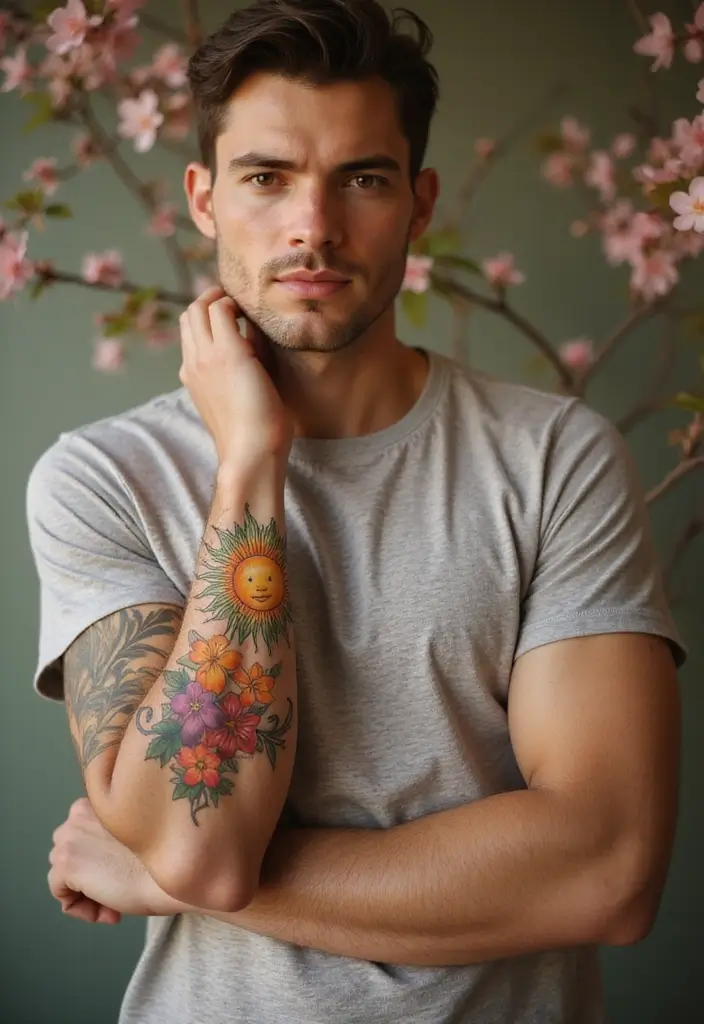 30 Sun Tattoo Men Ideas for Radiant Energy - 12. Sun with Floral Accents