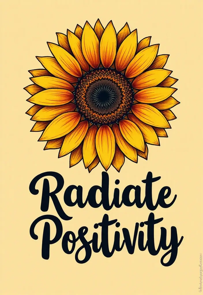 30 Sunflower and Quote Tattoo Ideas Full of Positivity - 12. Sunflower with 'Radiate Positivity'