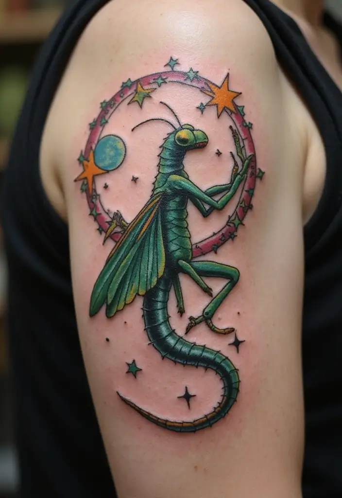 30 Traditional Praying Mantis Tattoo Ideas You’ll Love - 12. Mantis with Celestial Elements