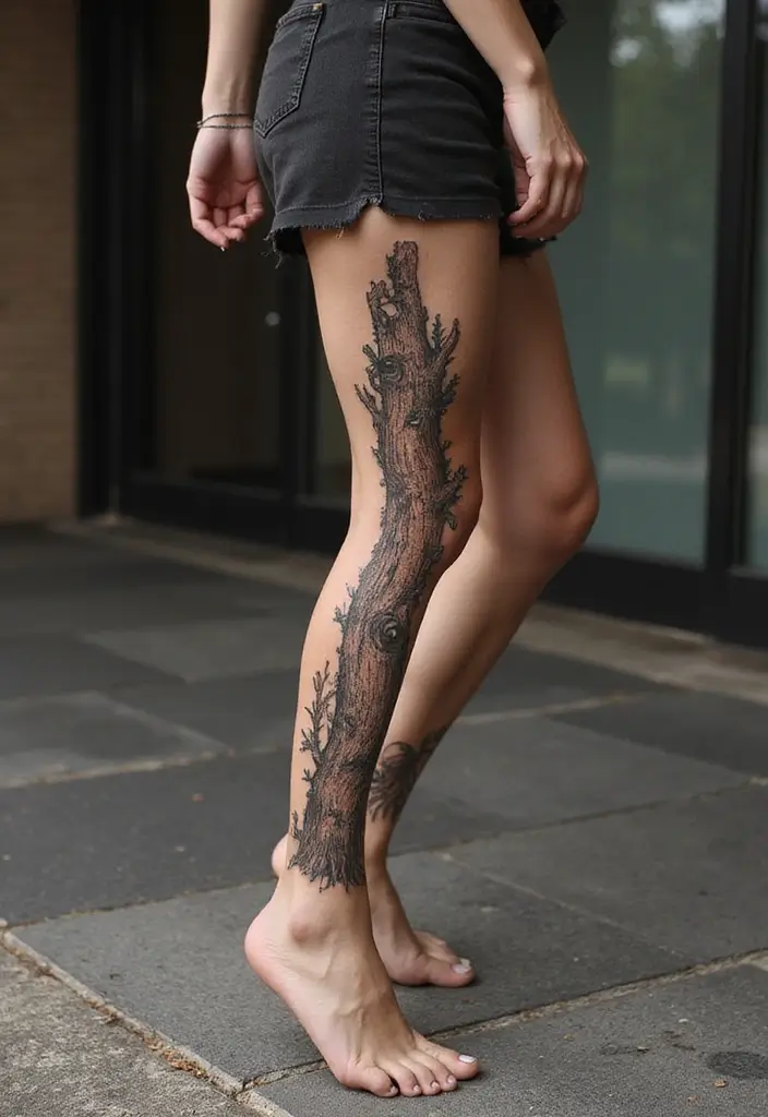 30 Tree Leg Tattoo Designs for Nature-Inspired Ink - 12. Vertical Tree Trunk Design