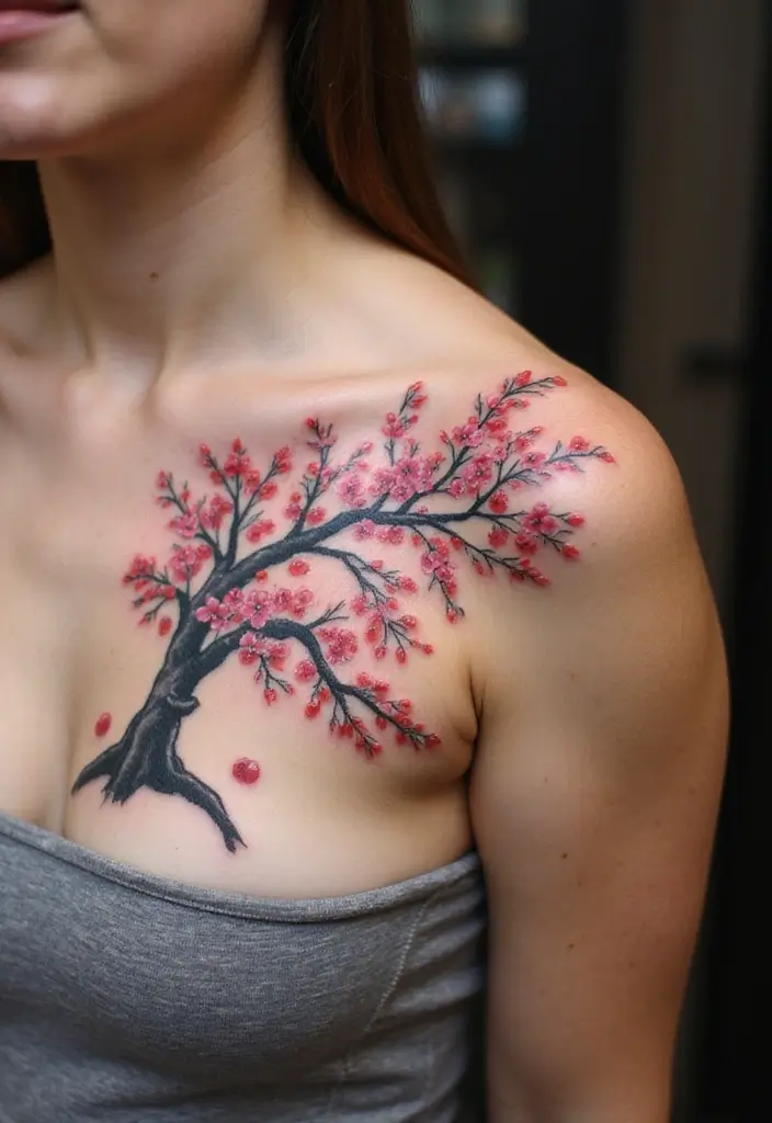 30 Tree on Shoulder Tattoo Ideas That Look Stunning - 12. Symbolic Cherry Tree
