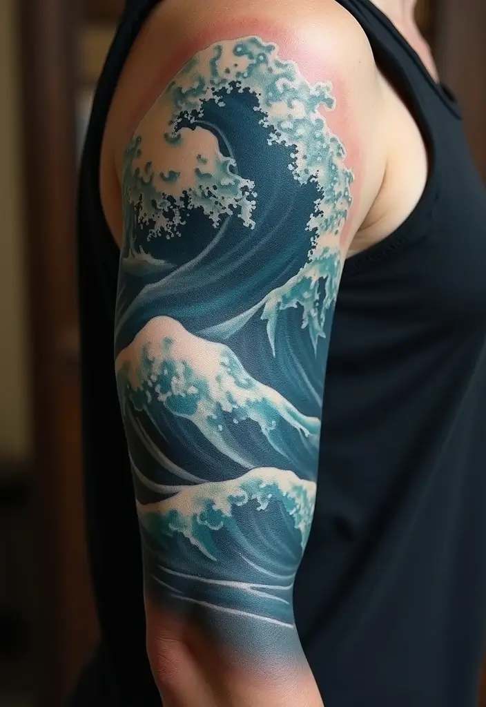 30 Wave Tattoo Sleeve Ideas That Make a Bold Statement - 12. 3D Wave Illusions