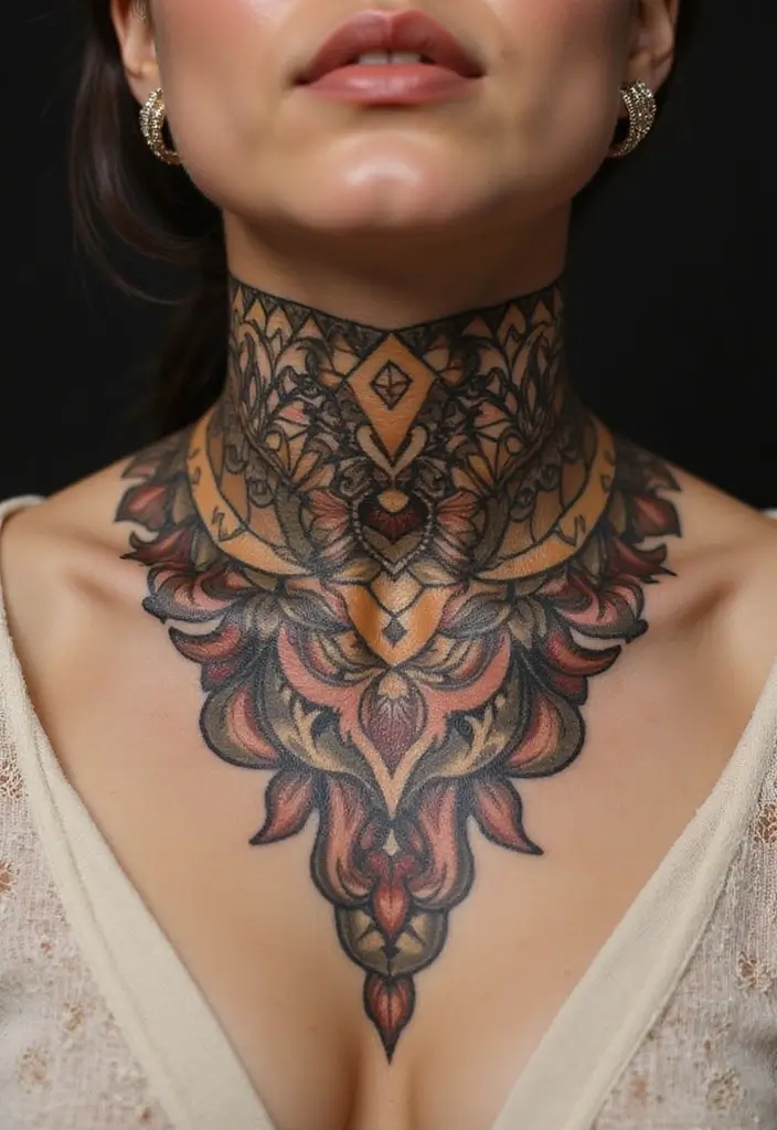 30 Women's Throat Tattoos That Are Edgy and Elegant - 12. Art Deco Style