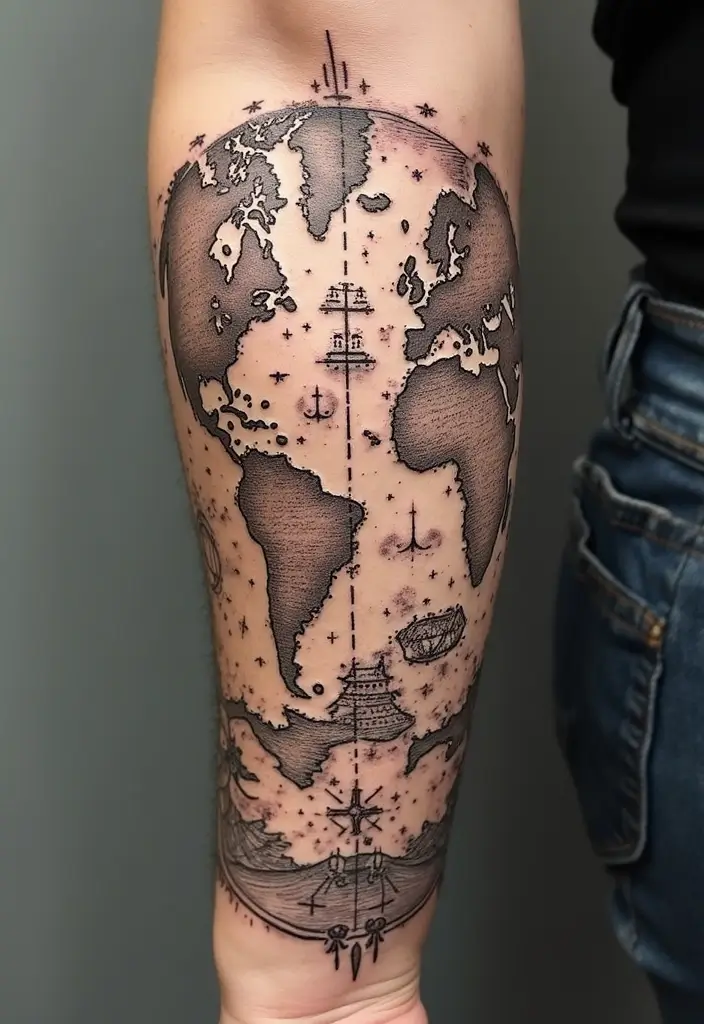 30 Beach Tattoos for Guys with Laid-Back and Cool Vibes - 13. Ocean Map