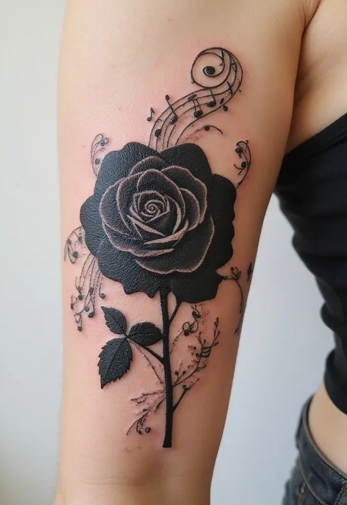30 Black Rose Tattoo Meaning and Design Inspirations - 13. Black Rose with Music Notes