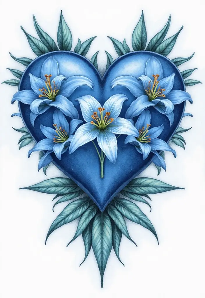 30 Blue Lily Tattoo Designs That Look Elegant - 13. Heart-Shaped Blue Lily Design