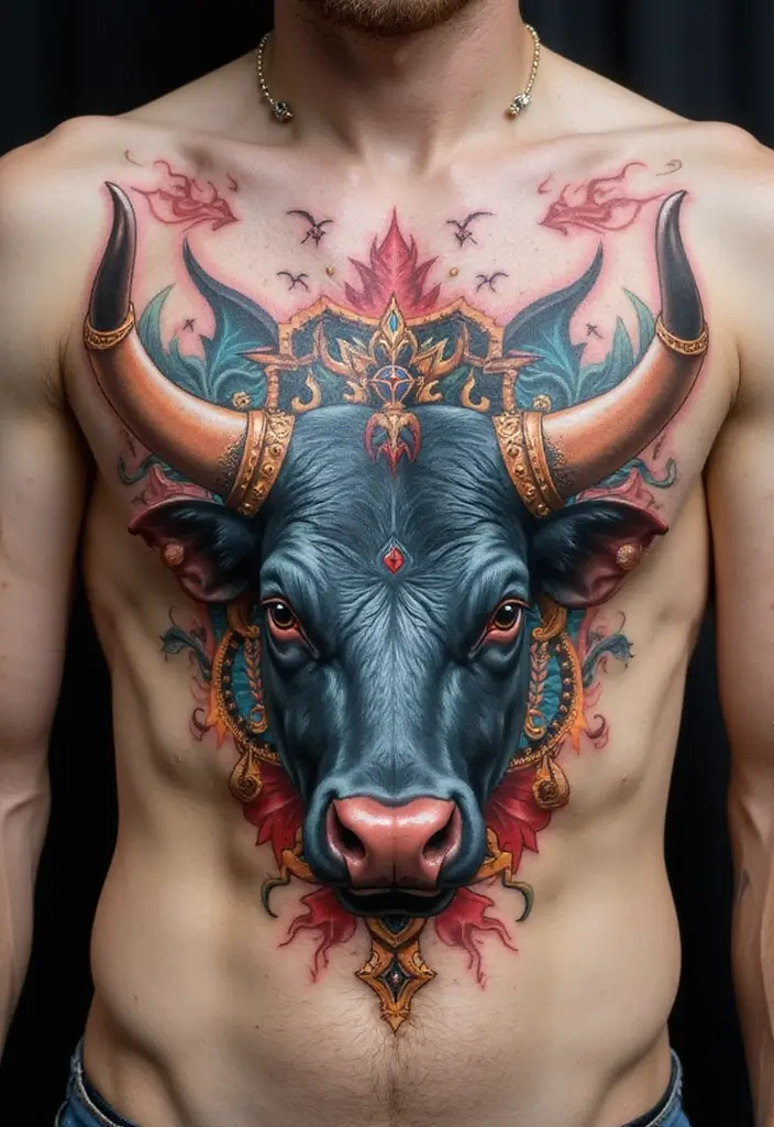 30 Bull Tattoo Chest Ideas Full of Strength - 13. Bull with Mythical Elements