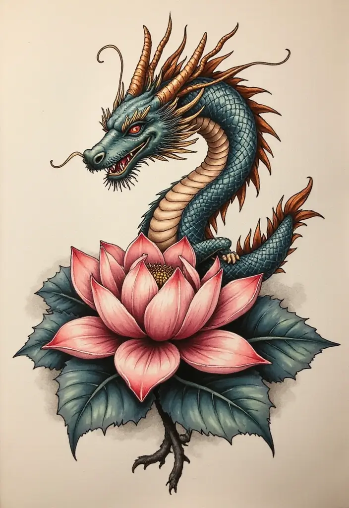 30 Chinese Dragon Tattoo Meaning and Artistic Designs - 13. The Dragon and the Lotus