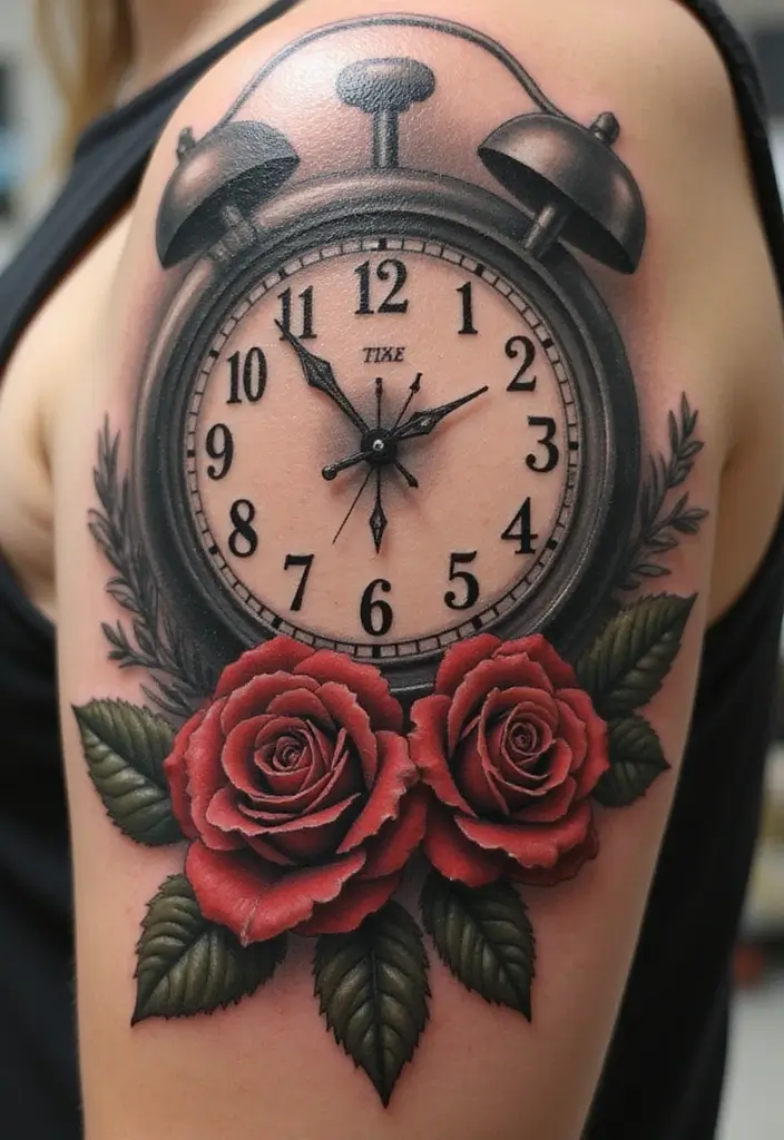 30 Clock and Rose Tattoos That Symbolize Time and Love - 13. The Beauty of Duality