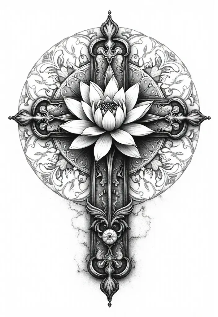 30 Cross with Flowers Tattoo Ideas That Blend Faith and Beauty - 13. Lotus Flower and Cross in Mandala Style
