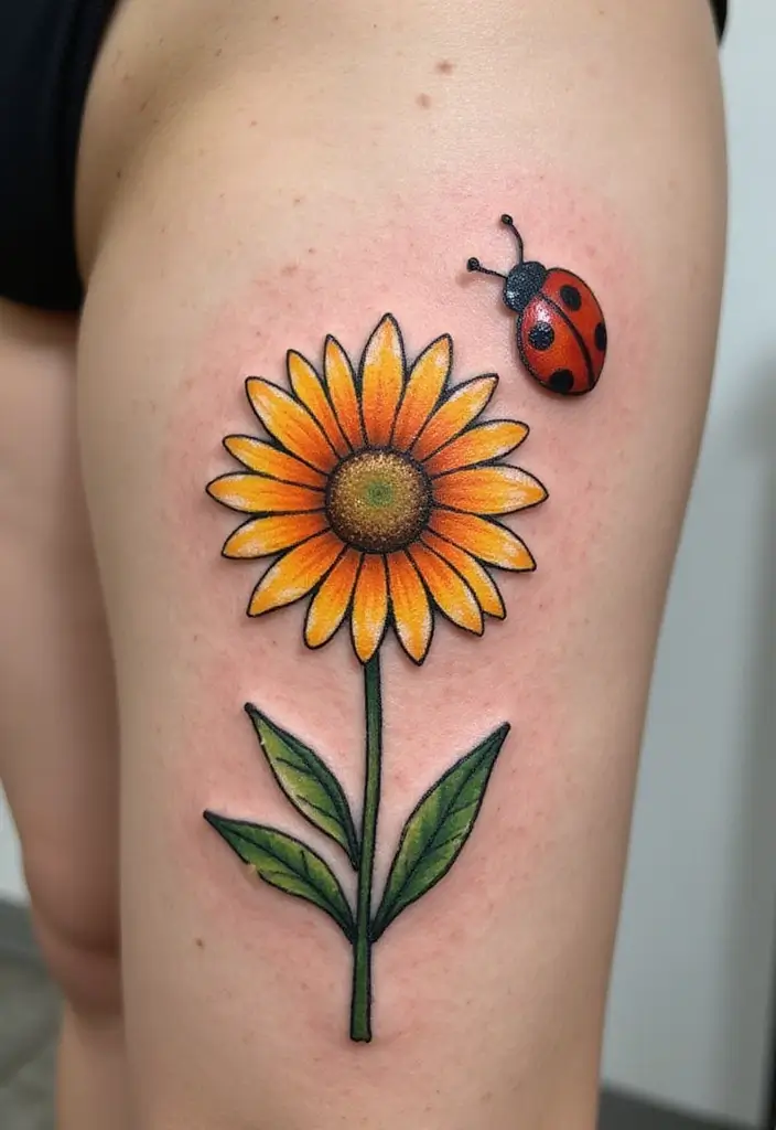 30 Daisy April Birth Flower Tattoo Designs You’ll Love - 13. Whimsical Daisy with Ladybug