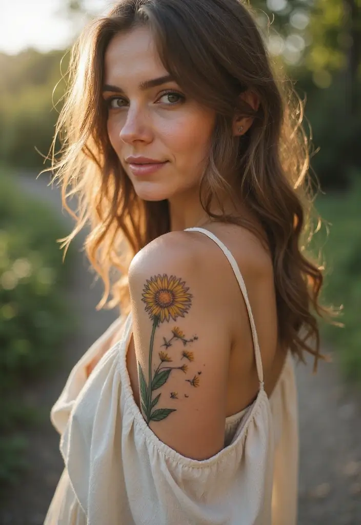 30 Dandelion Tattoo on Shoulder Ideas That Inspire Freedom - 13. Dandelion with a Sun
