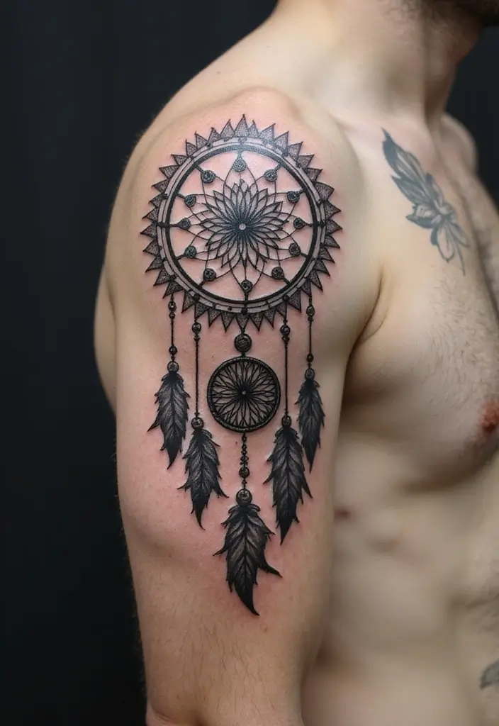 30 Dream Catcher Tattoo Ideas for Men with Protective Energy - 13. Black and Gray Dream Catcher