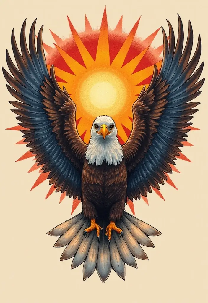 30 Eagle Tattoo Ideas That Represent Power and Courage - 13. Eagle and Sun Fusion